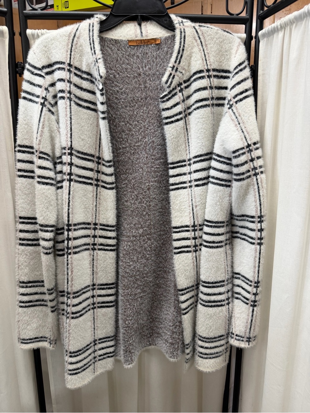Belldini Cream and Black Plaid Open-Front Cardigan